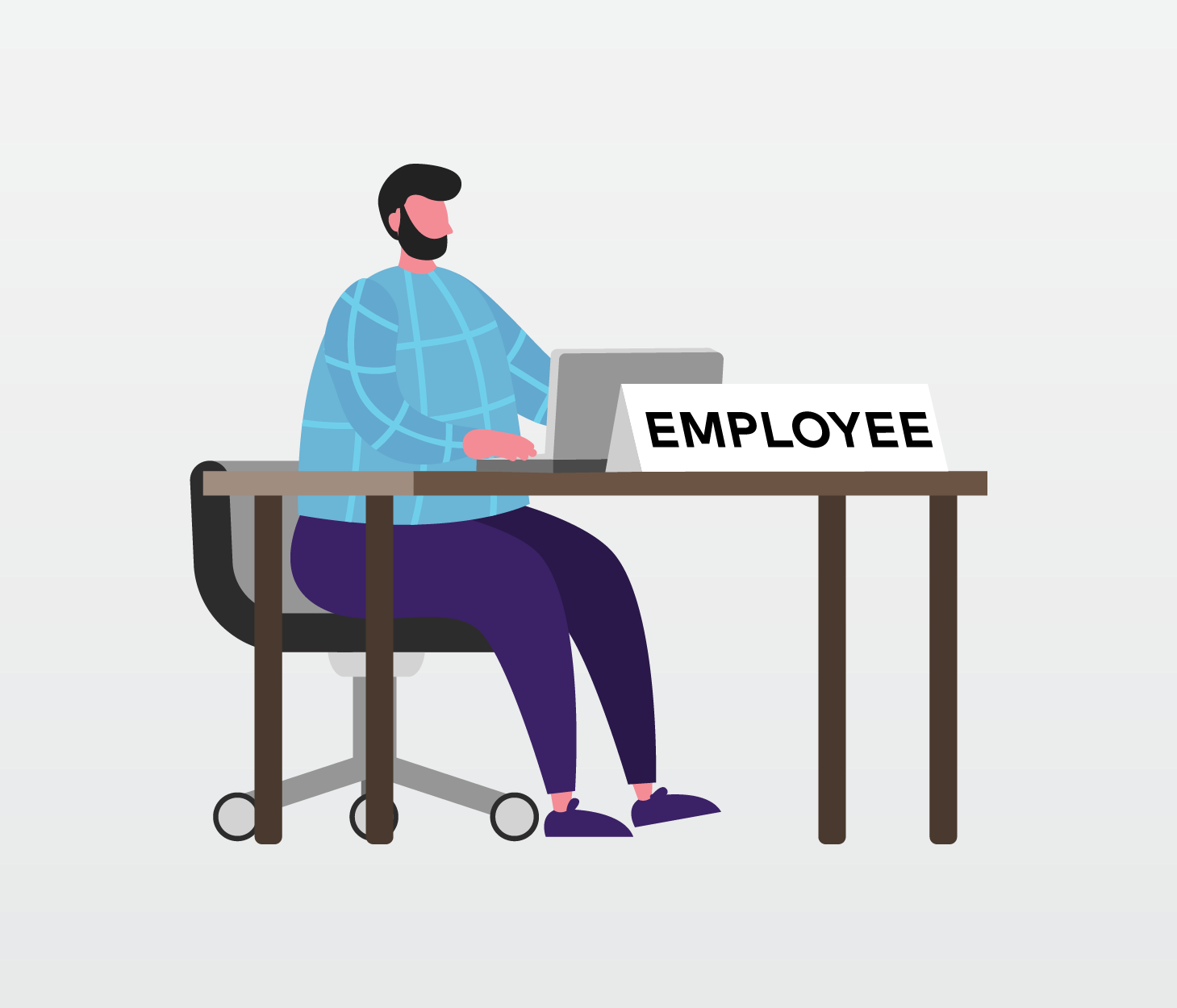 Image of man sitting at desk with name tag that says "EMPLOYEE"